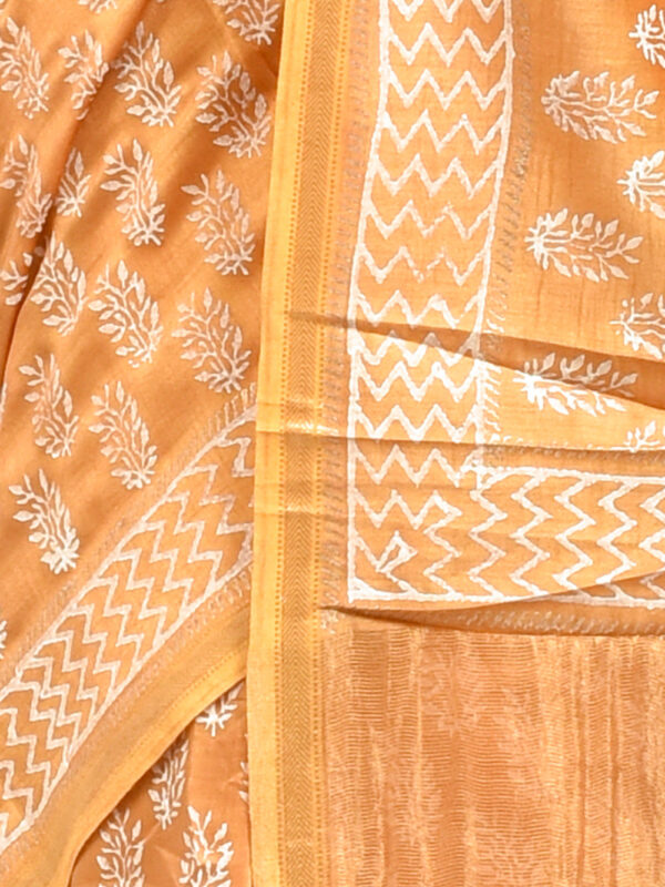 Yellow Leaf Design Block Printed Maheshwari Semi Silk Saree - Image 6