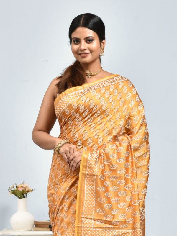 Yellow Leaf Design Block Printed Maheshwari Semi Silk Saree - Image 5