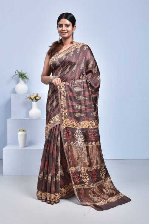 Brown Pine Design Block Printed Maheshwari Semi Silk Saree