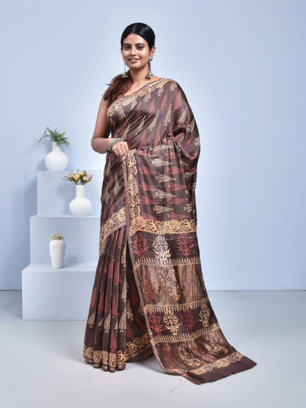 Brown Pine Design Block Printed Maheshwari Semi Silk Saree