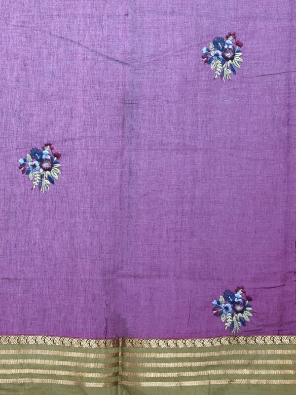 Purple South Cotton Saree with Hand Embroidered Floral Design - Image 7