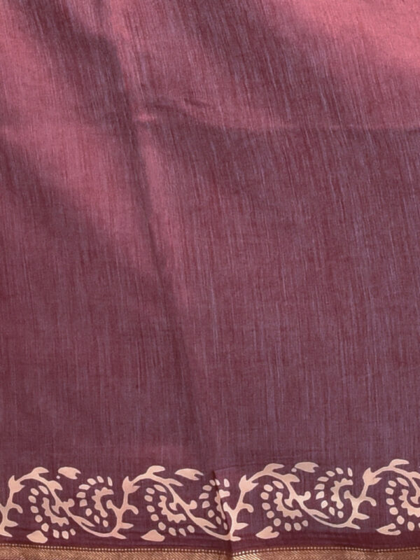 Maroon Maple Leaf Design Block Printed Maheshwari Semi Silk Saree - Image 7