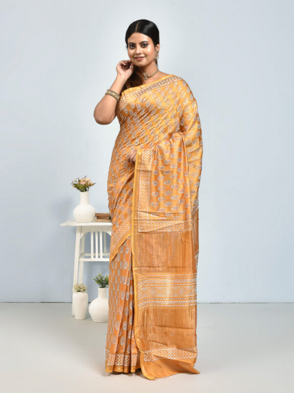 Yellow Leaf Design Block Printed Maheshwari Semi Silk Saree - Image 3