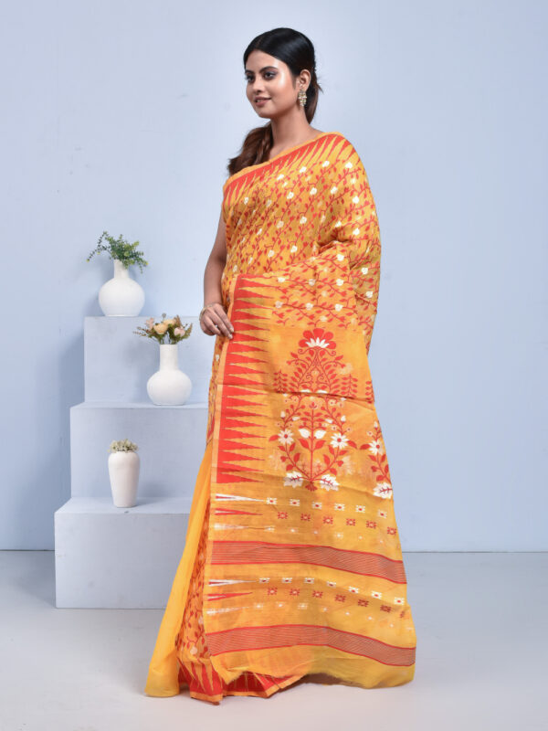 Yellow Jamdani Design Banaras Cotton Silk Saree - Image 4