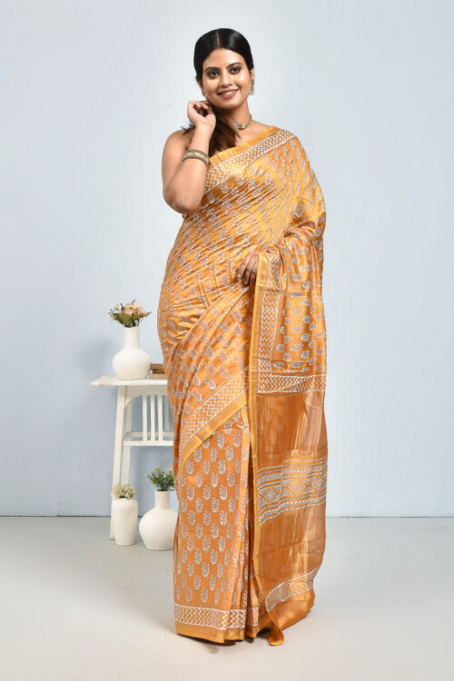 Yellow Leaf Design Block Printed Maheshwari Semi Silk Saree