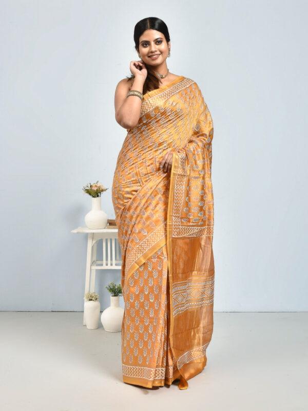 Yellow Leaf Design Block Printed Maheshwari Semi Silk Saree