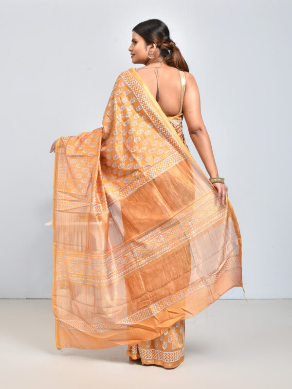 Yellow Leaf Design Block Printed Maheshwari Semi Silk Saree - Image 2
