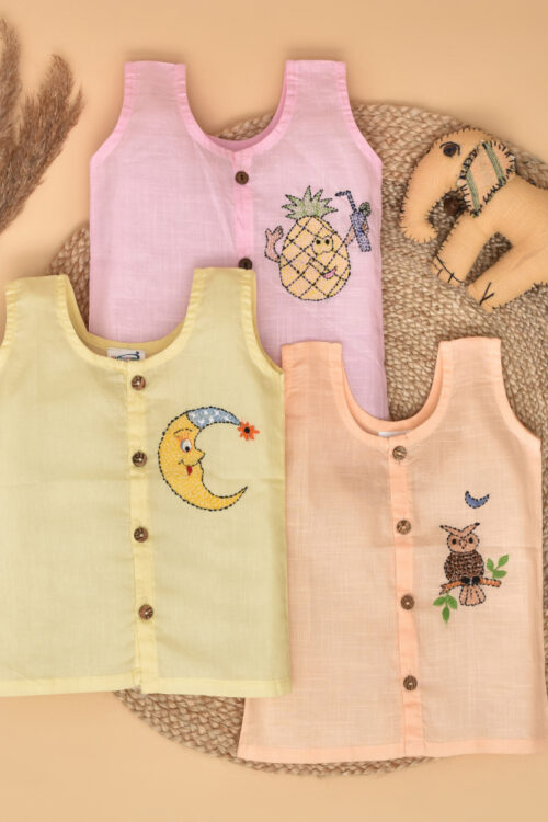 Multicolour Front Open Cotton Jabla (Pineapple, Moon & Night Owl Design)-Pack of 3