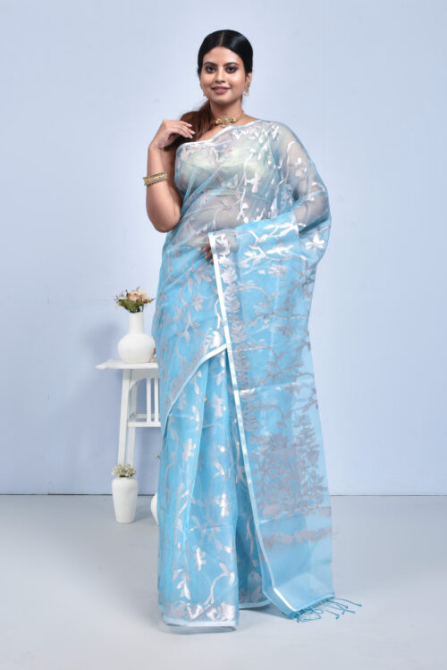 Sky Blue Floral Bengal Resham Silk Saree