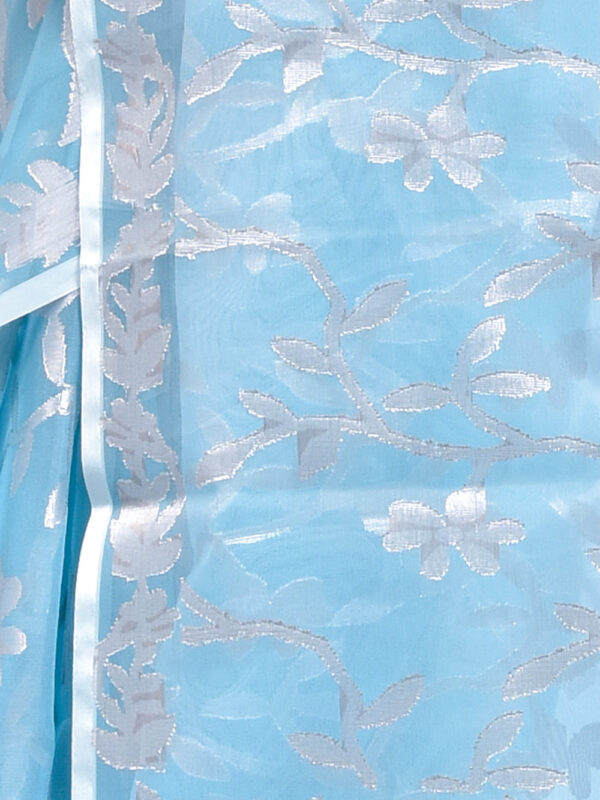 Sky Blue Floral Bengal Resham Silk Saree - Image 6