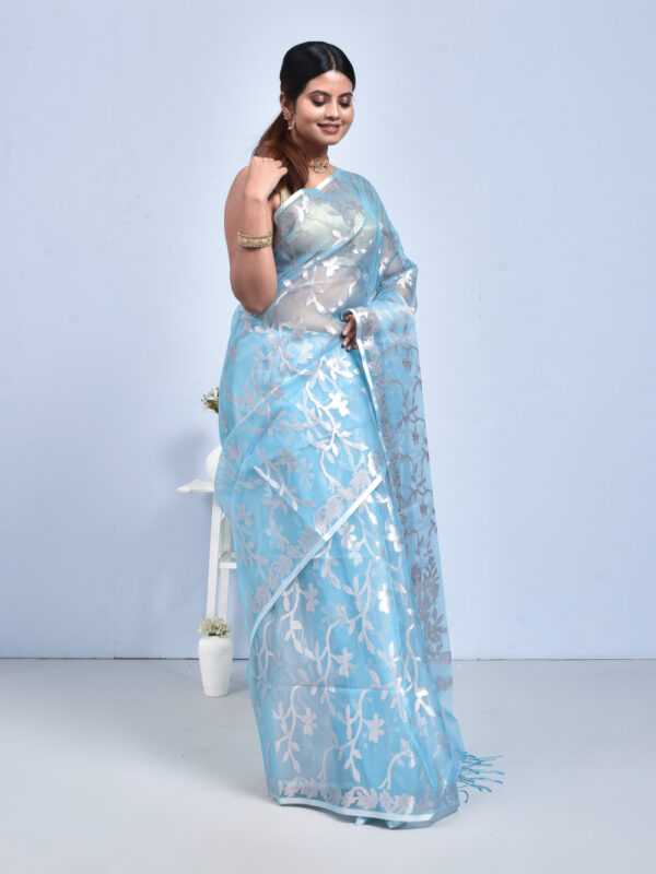 Sky Blue Floral Bengal Resham Silk Saree - Image 3