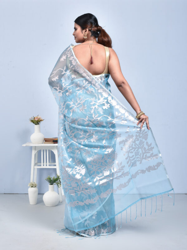 Sky Blue Floral Bengal Resham Silk Saree - Image 2