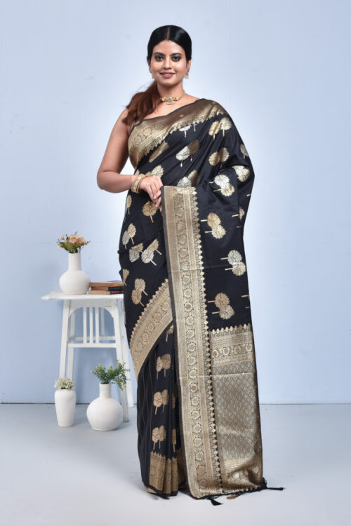 Black Leaf Design Banaras Katan Saree