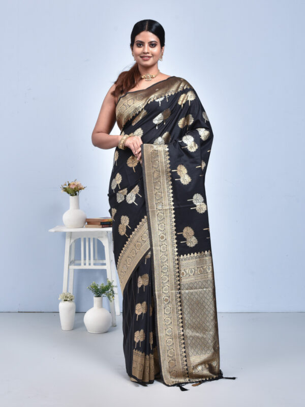 Black Leaf Design Banaras Katan Saree