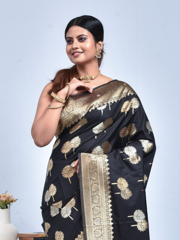 Black Leaf Design Banaras Katan Saree - Image 5