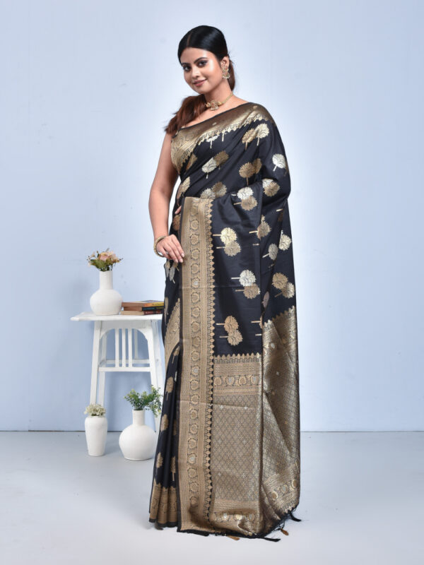 Black Leaf Design Banaras Katan Saree - Image 4