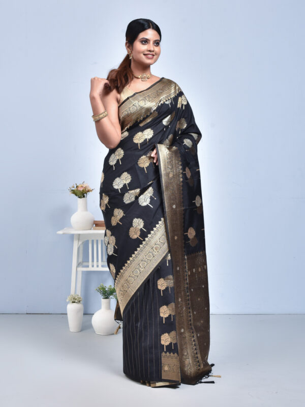 Black Leaf Design Banaras Katan Saree - Image 3