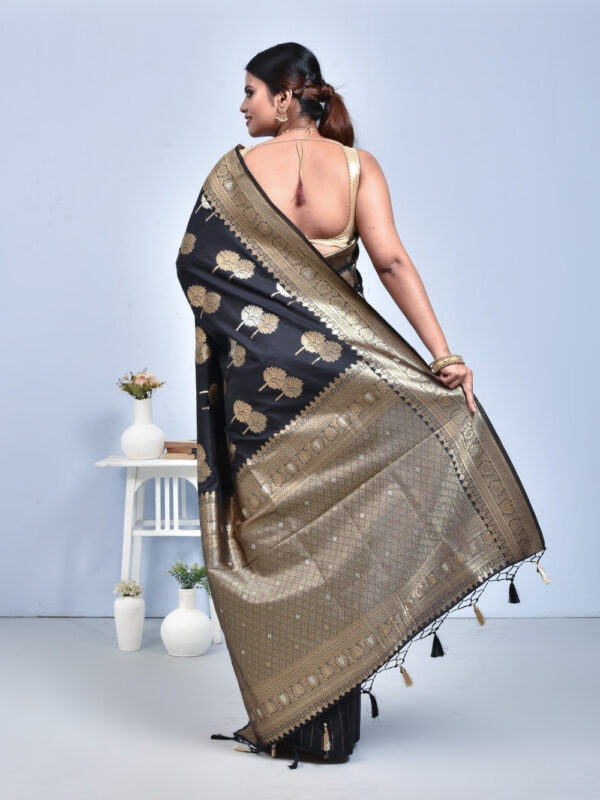 Black Leaf Design Banaras Katan Saree - Image 2