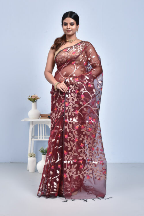 Maroon Vine Design Banaras Kora Silk Saree