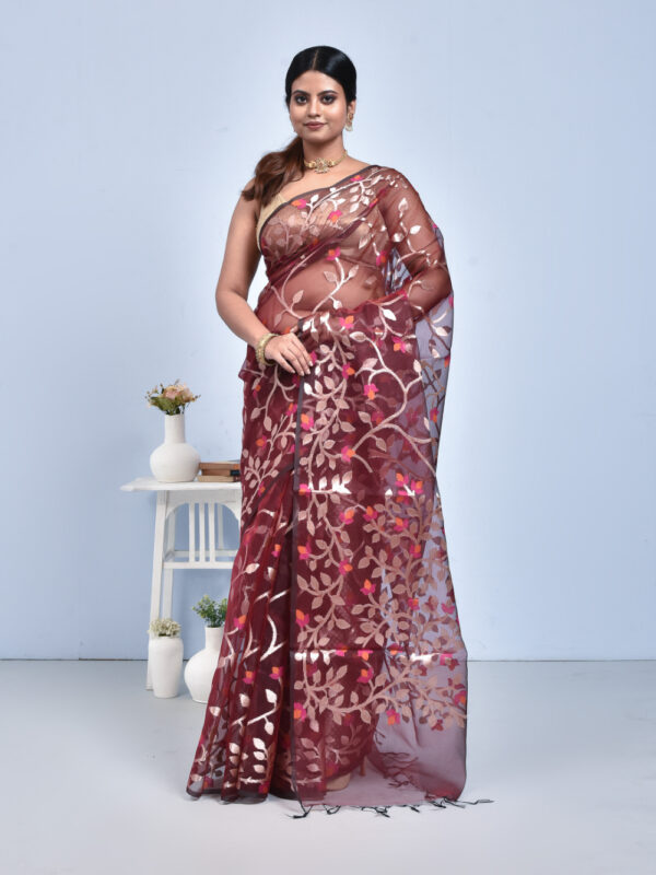Maroon Vine Design Banaras Kora Silk Saree