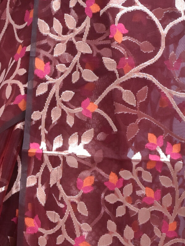Maroon Vine Design Banaras Kora Silk Saree - Image 6