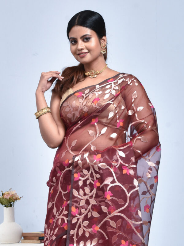 Maroon Vine Design Banaras Kora Silk Saree - Image 5
