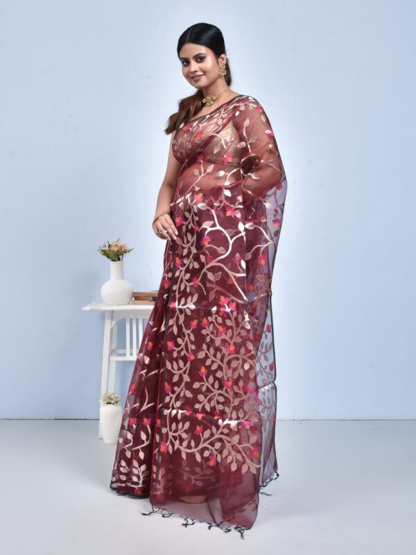 Maroon Vine Design Banaras Kora Silk Saree - Image 4