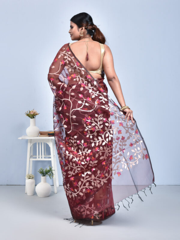 Maroon Vine Design Banaras Kora Silk Saree - Image 2