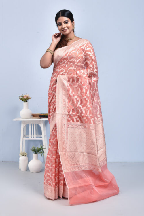 Peach Leaf Design Banaras Kora Silk Saree