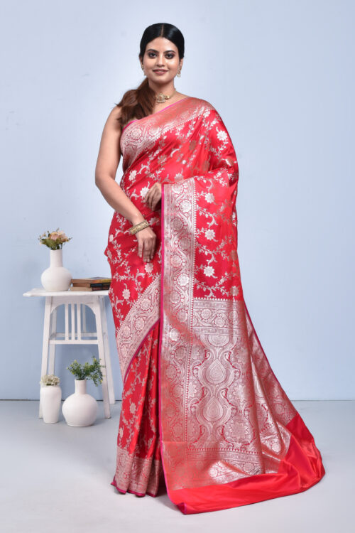 Red Floral Jaal Design Banaras Katan Satin Silk Saree