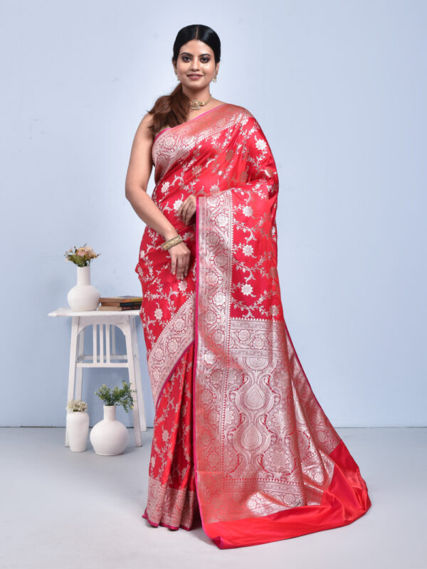 Red Floral Jaal Design Banaras Katan Satin Silk Saree