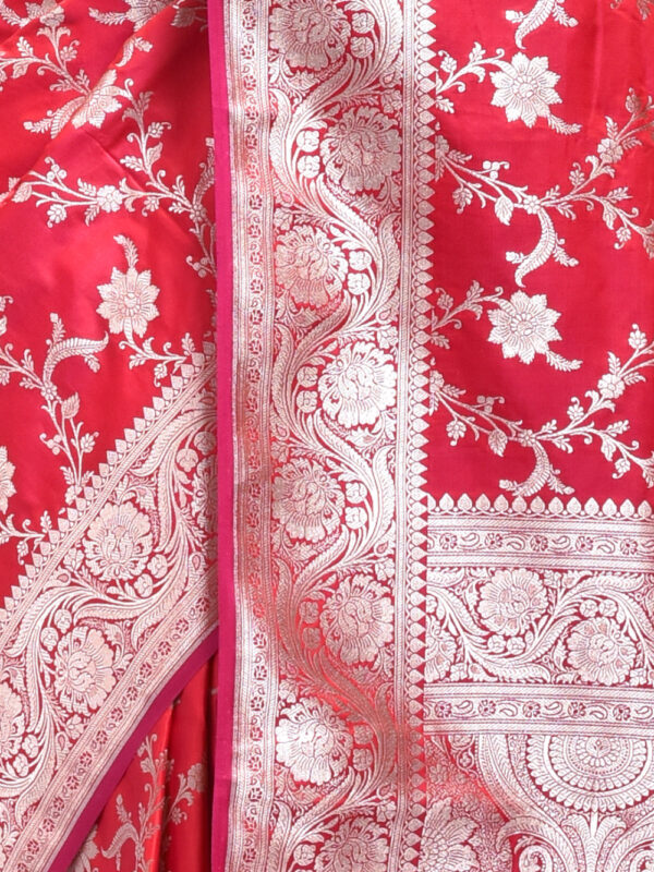 Red Floral Jaal Design Banaras Katan Satin Silk Saree - Image 6