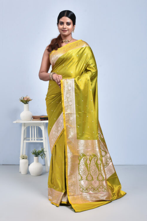 Henna Green Butta Design Banaras Katan Satin Silk Saree
