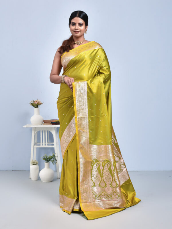 Henna Green Butta Design Banaras Katan Satin Silk Saree