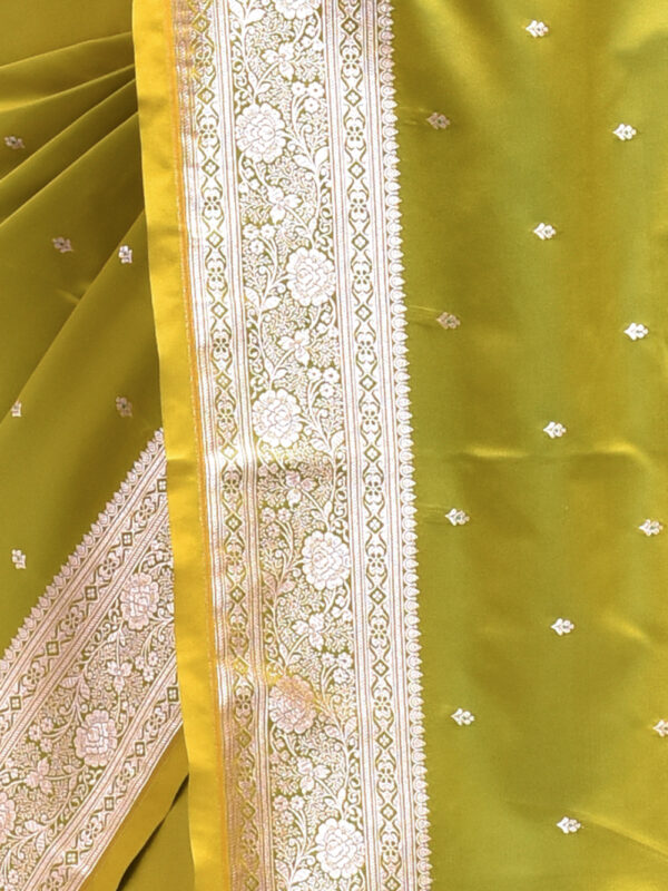 Henna Green Butta Design Banaras Katan Satin Silk Saree - Image 6