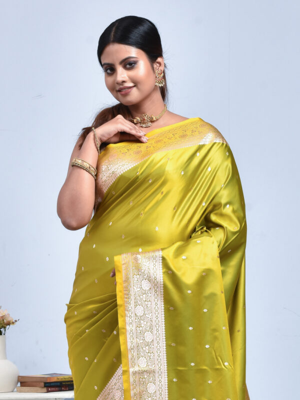 Henna Green Butta Design Banaras Katan Satin Silk Saree - Image 5