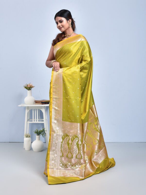 Henna Green Butta Design Banaras Katan Satin Silk Saree - Image 4