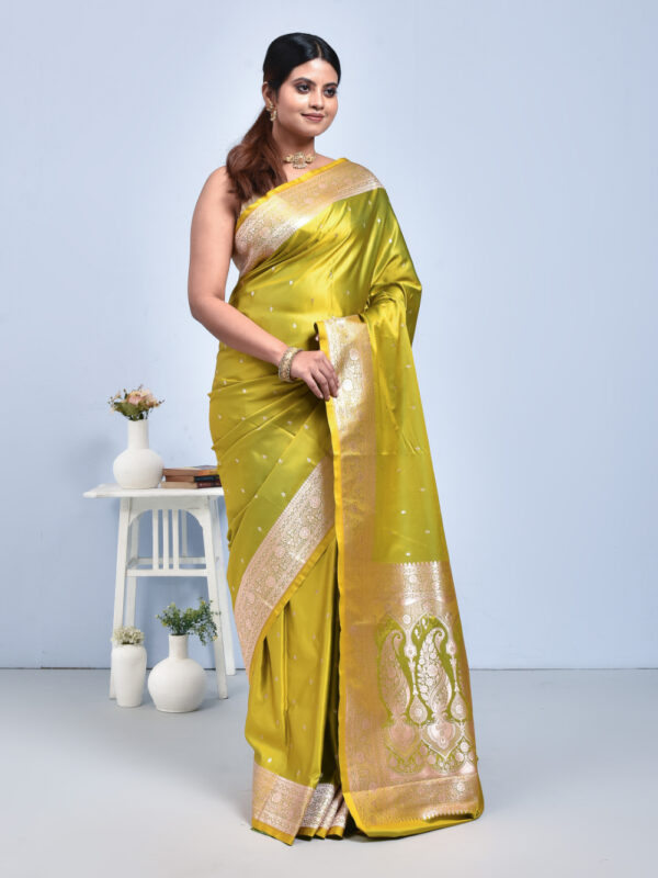 Henna Green Butta Design Banaras Katan Satin Silk Saree - Image 3