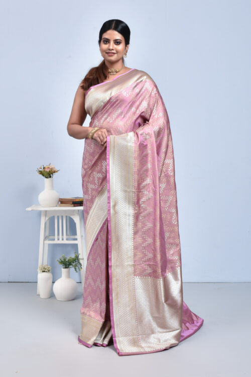 Lilac Zig Zag Design Banaras Katan Satin Silk Saree