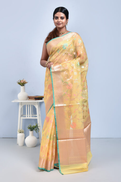 Lemon Yellow Floral Design Banaras Kora Silk Saree