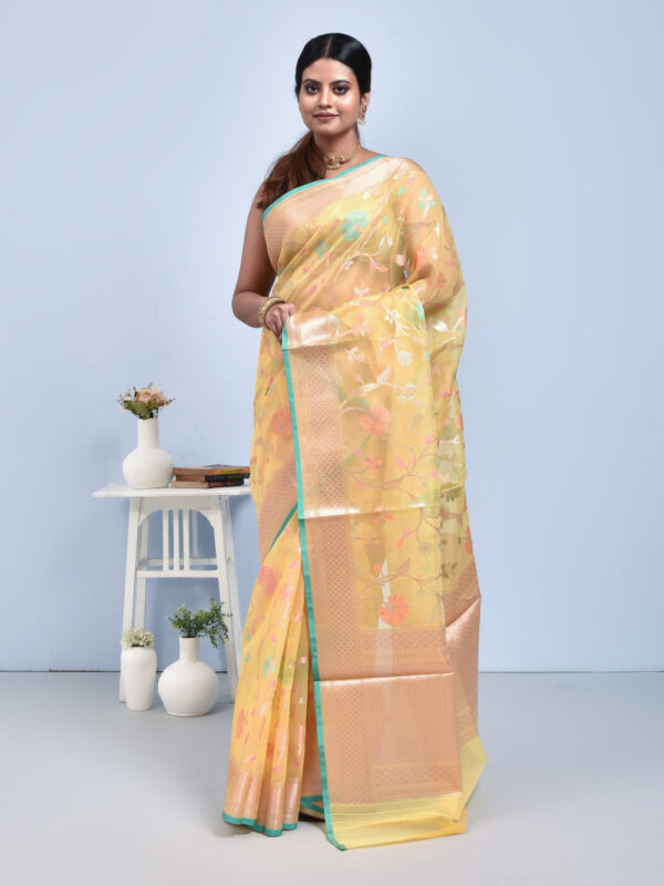 Lemon Yellow Floral Design Banaras Kora Silk Saree