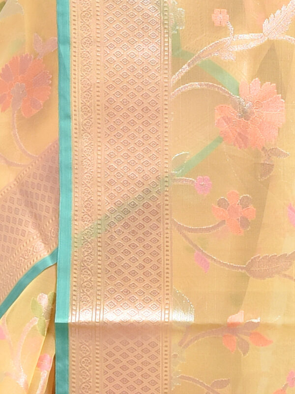 Lemon Yellow Floral Design Banaras Kora Silk Saree - Image 6