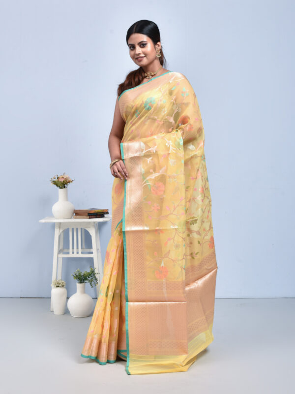 Lemon Yellow Floral Design Banaras Kora Silk Saree - Image 4