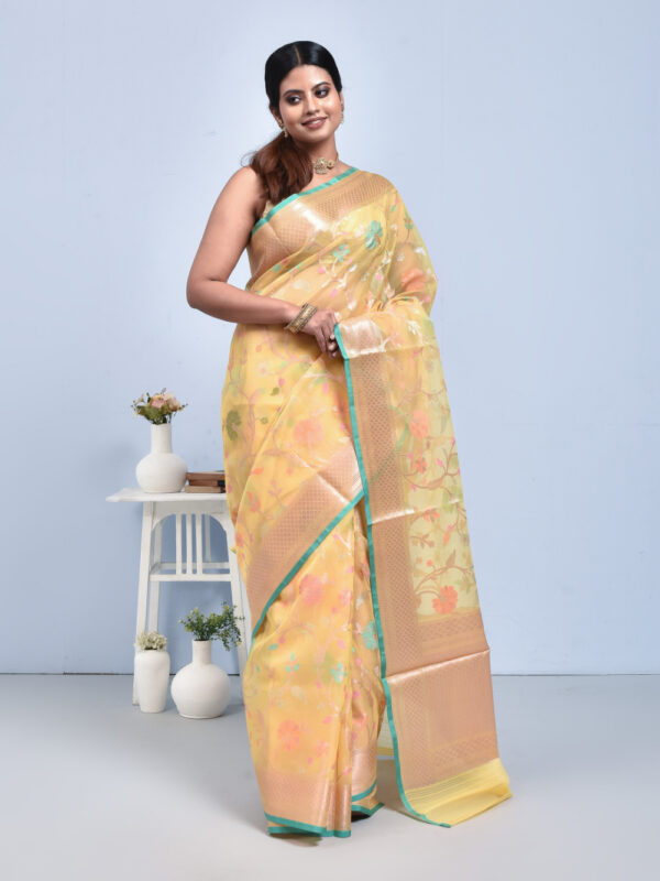Lemon Yellow Floral Design Banaras Kora Silk Saree - Image 3