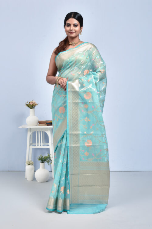 Sea Green Floral Design Banaras Kora Silk Saree