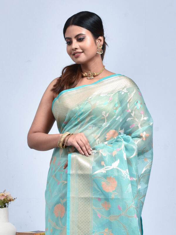 Sea Green Floral Design Banaras Kora Silk Saree - Image 5