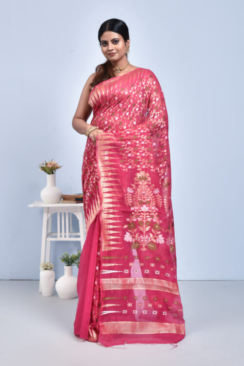 Fuchsia Pink Jamdani Design Banaras Cotton Silk Saree