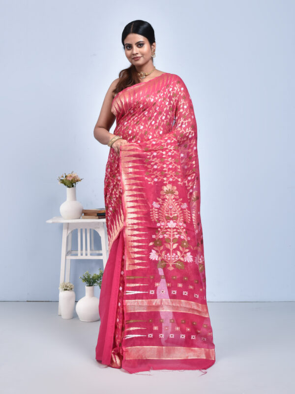Fuchsia Pink Jamdani Design Banaras Cotton Silk Saree