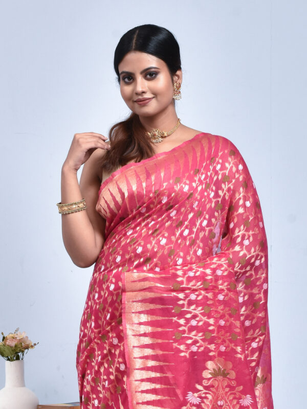 Fuchsia Pink Jamdani Design Banaras Cotton Silk Saree - Image 5