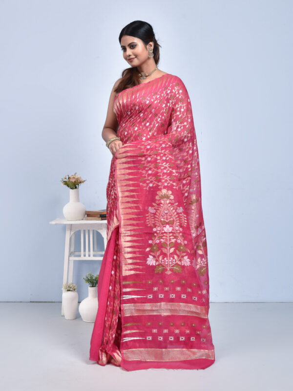 Fuchsia Pink Jamdani Design Banaras Cotton Silk Saree - Image 4